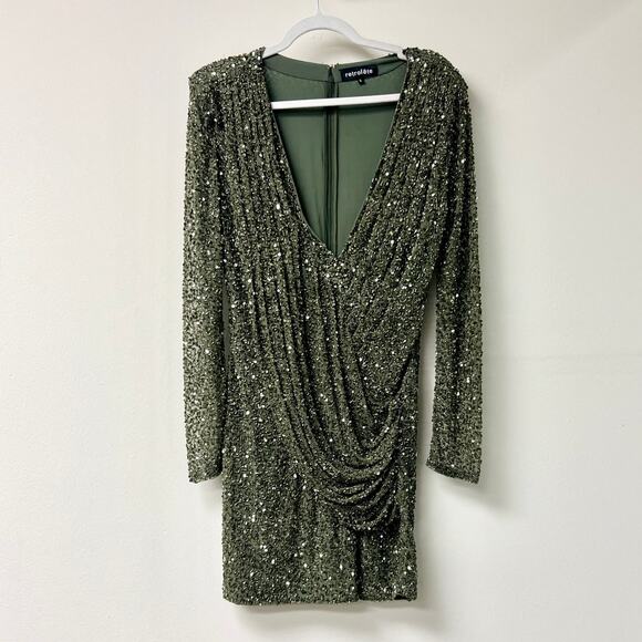 Retrofête Yael Sequin Tulle Long Sleeve Draped Mini Dress Green Womens Size L - Picture 2 of 5